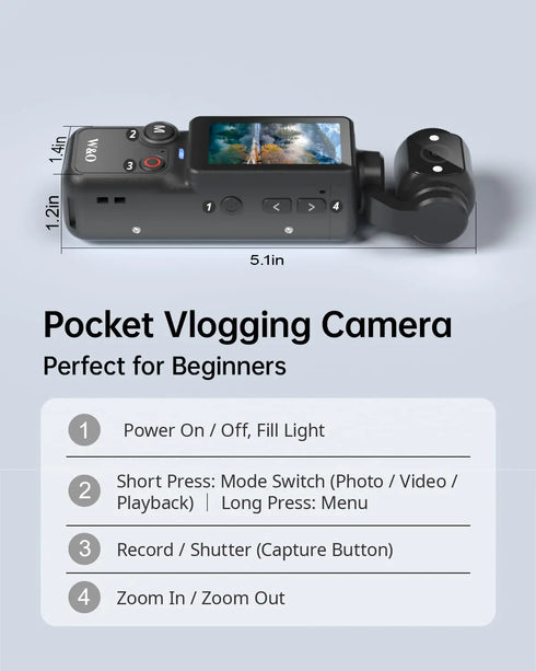 4K HD Video Recording Camera with 1.9" CMOS, USB Rechargeable, 180° Rotating Action Camcorder for Vlogging, Live Streaming