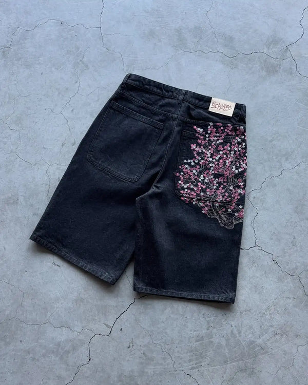 Vintage Low Waist Hip Hop Cherry Blossom Embroidered Jeans Wide Leg Trousers Y2K Clothes Mens Womes Embroidered Baggy Jeans