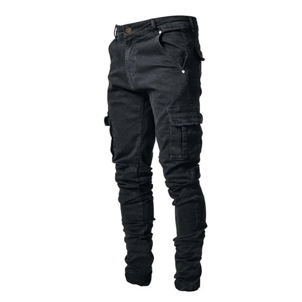 Men's street stretch denim jeans, washed solid color multi pocket work pants, casual slim fit, daily wear, jogging pants, mid wa